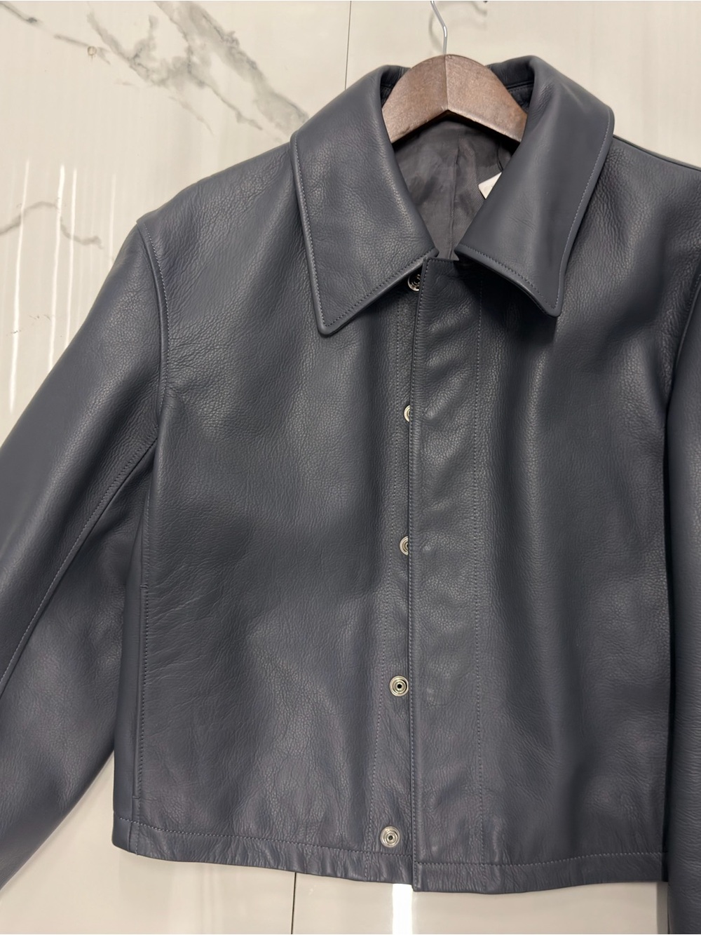Lemaire Steel Blue Boxy Cropped Leather Button-Front Jacket